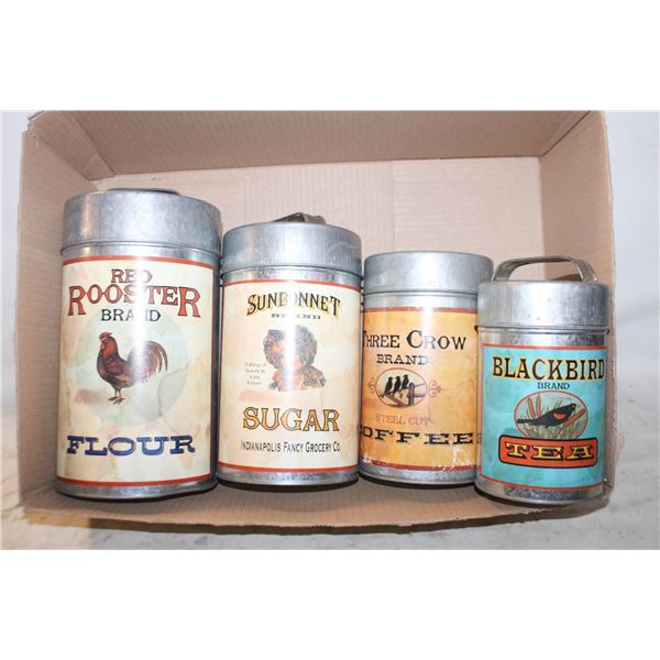 VINTAGE 4 TIN CANNISTERS TEA COFFEE SUGAR FLOUR