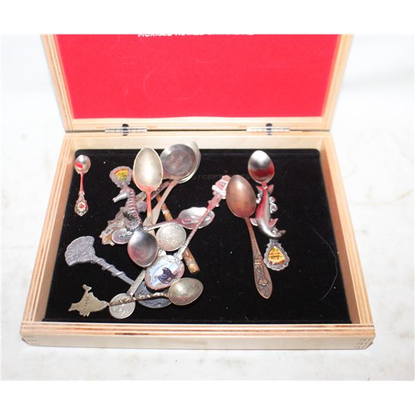 14 - SOUVENIER SPOONS IN A WOODEN RCM BOX
