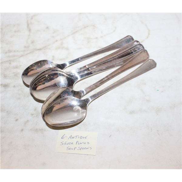 6 - SILVER PLATED ANTIQUE SOUP SPOONS