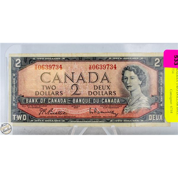 1954 CANADIAN TWO DOLLAR BILL V/R0639734