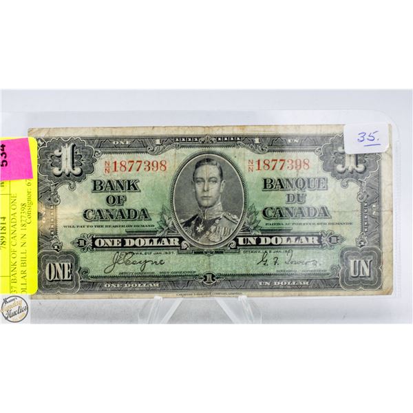 1937 BANK OF CANADA ONE DOLLAR BILL N/N 1877398