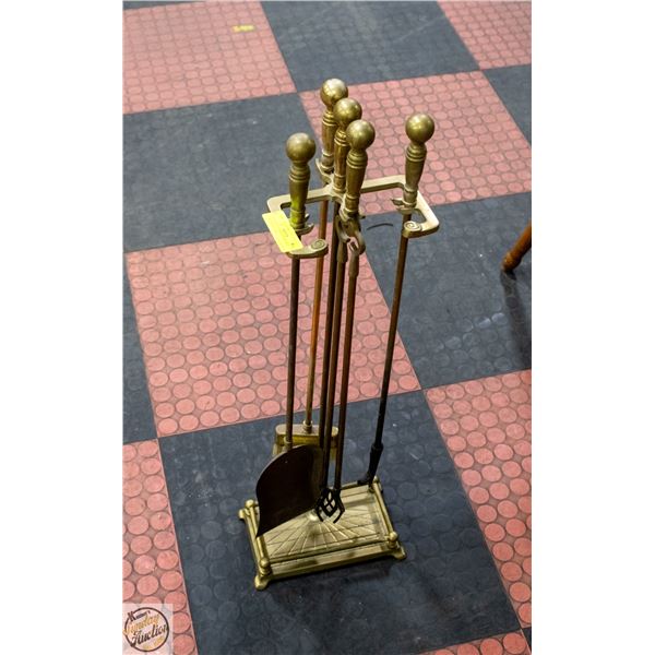 VTG. SET OF BRASS FIREPLACE TOOLS & STAND