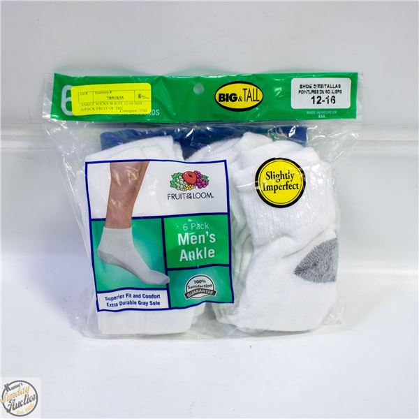ANKLE SOCKS WHITE 12-16 SIZE 6-PACK FRUIT OF THE