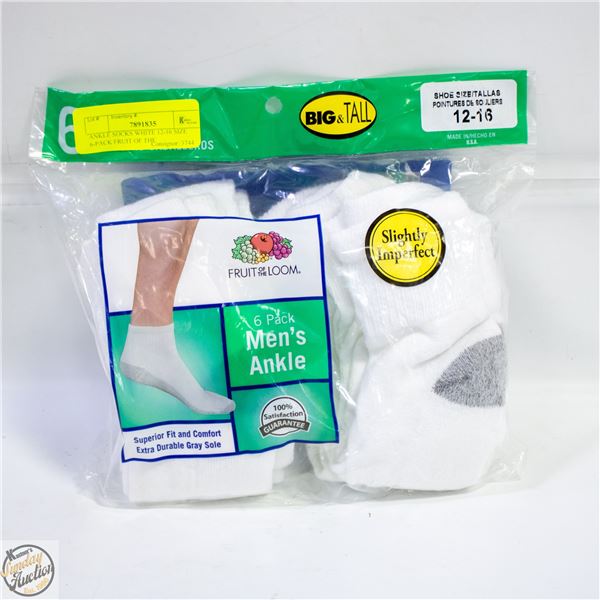 WHITE CREW SOCKS 12-16 SIZE 6-PACK FRUIT OF THE