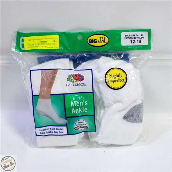 ANKLE SOCKS WHITE 12-16 SIZE 6-PACK FRUIT OF THE