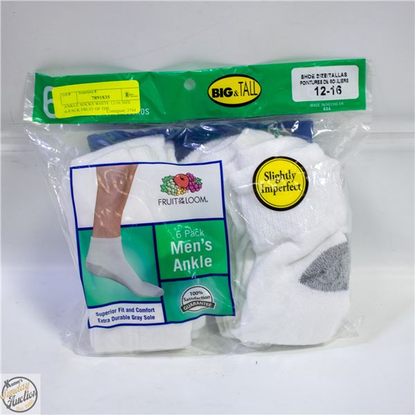ANKLE SOCKS WHITE 12-16 SIZE 6-PACK FRUIT OF THE