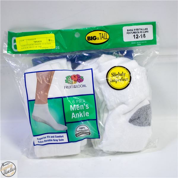 ANKLE SOCKS WHITE 12-16 SIZE 6-PACK FRUIT OF THE