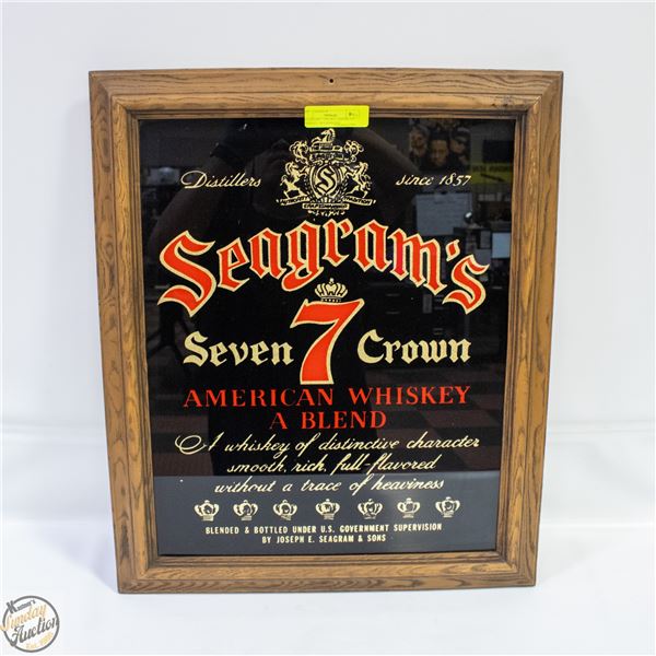 SEAGRAMS 7 CROWN, AMERICAN WHISKEY, WOODFRAME