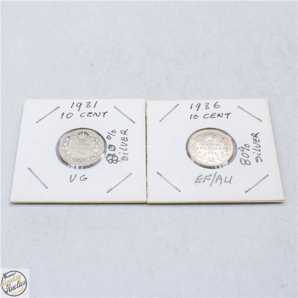 1931 10 CENT 80% SILVER + 1936 10 CENT 80% SILVER