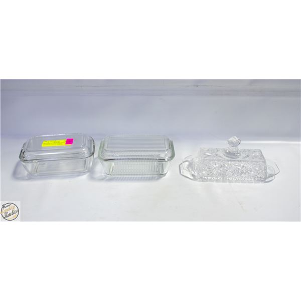 CRYSTAL BUTTERDISH AND GLASS COVERED FRIDGE DISHES