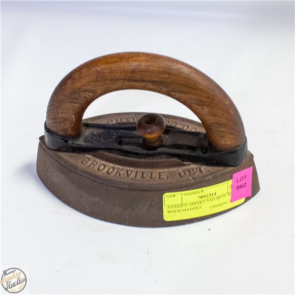 ANTIQUE SMART SAD IRON WITH WOOD HANDLE