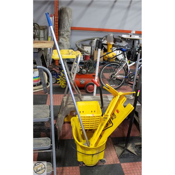 RUBBERMAID MOP BUCKET,WRINGER,MOP+WET FLOOR SIGNS