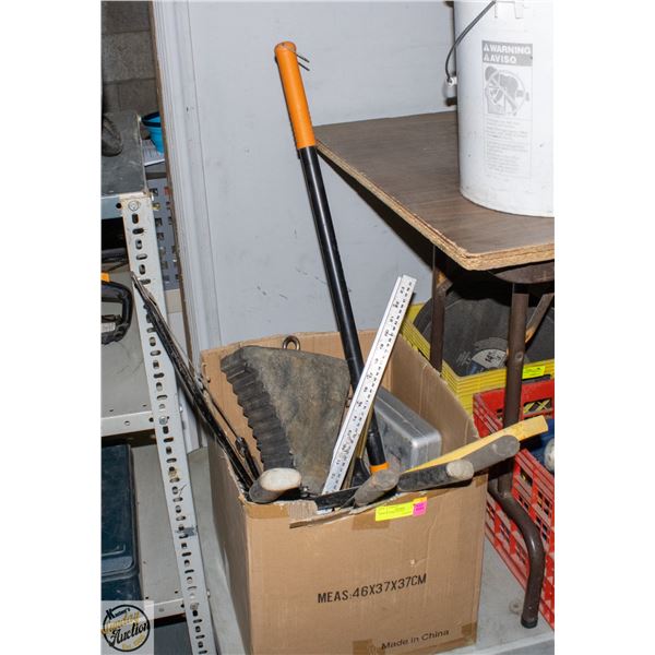 BOX OF YARD TOOLS