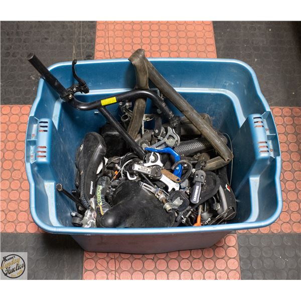 TOTE OF ASSORTED MISC BICYCLE PARTS/ACCESSORIES
