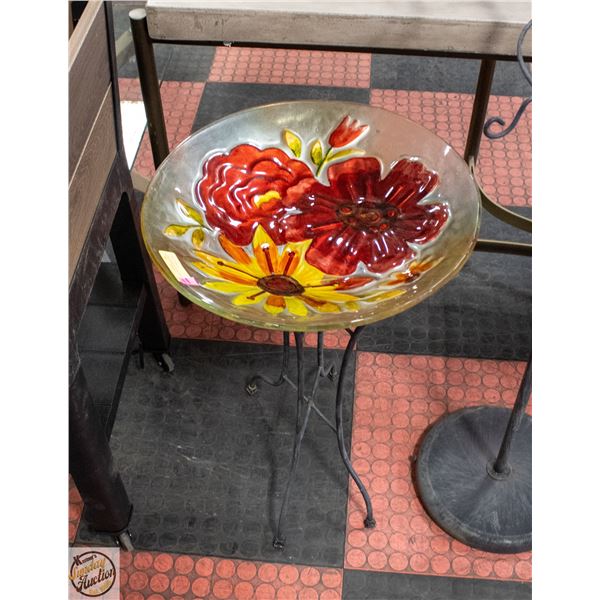 HAND-PAINTED GLASS BIRD BATH 27"H