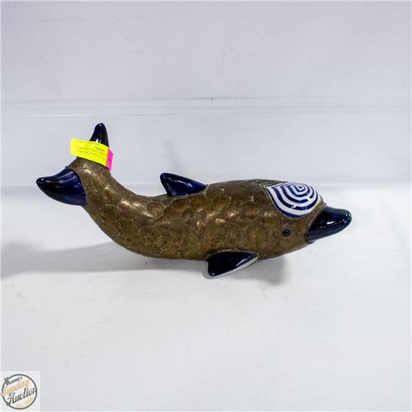VINTAGE TONALA BRASS & CERAMIC PORPOISE 13"