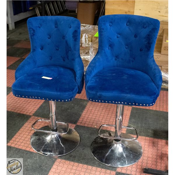 2 BLUE VELVET SWIVEL BAR STOOLS TOGETHER-ESTATE