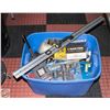 Image 1 : TOTE OF HAND TOOLS + MISC GARAGE