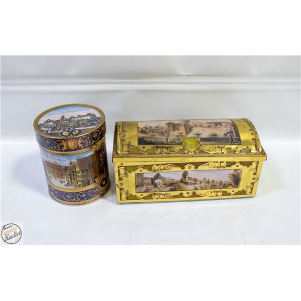 2 VINTAGE LIDDED METAL TINS