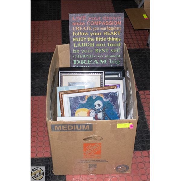 LARGE BOX OF ESTATE PICTURES, PLAQUE, FRAMES
