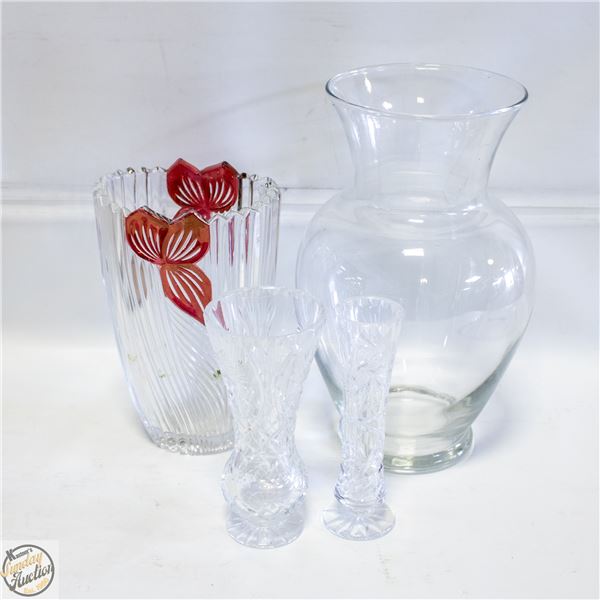 4 ASSORTED VASES GLASS + CRYSTAL