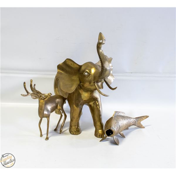 VINTAGE BRASS ELEPHANT, FISH & DEER