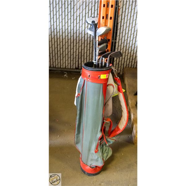 BUNDLE OF GOLF CLUBS IN CADDY