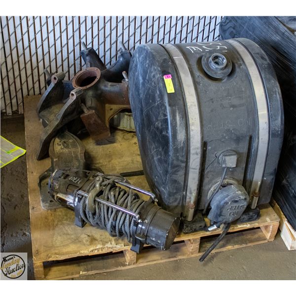 PALLET WITH HEAVY DUTY WINCH, ETC ALL SOLD AS IS