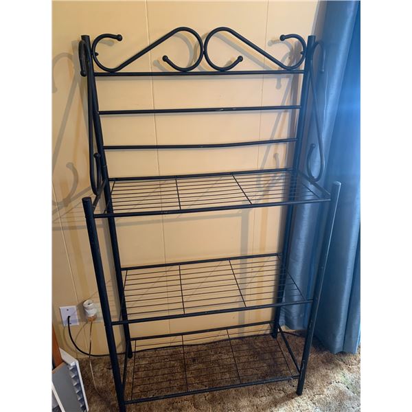 Black Metal Bakers Rack With Four Shelves and Scroll Design