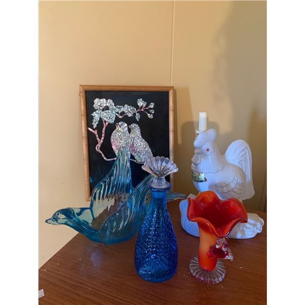 Decorative Glassware, Ceramic Rooster, and Artwork