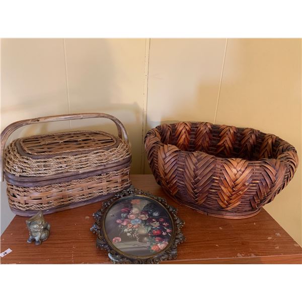 Wicker Sewing Basket, large Bohi Basket, Brass MCM Framed Floral Art, and Brass Cat Figurine