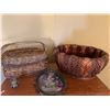 Image 1 : Wicker Sewing Basket, large Bohi Basket, Brass MCM Framed Floral Art, and Brass Cat Figurine