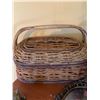 Image 3 : Wicker Sewing Basket, large Bohi Basket, Brass MCM Framed Floral Art, and Brass Cat Figurine
