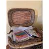 Image 4 : Wicker Sewing Basket, large Bohi Basket, Brass MCM Framed Floral Art, and Brass Cat Figurine