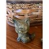 Image 5 : Wicker Sewing Basket, large Bohi Basket, Brass MCM Framed Floral Art, and Brass Cat Figurine