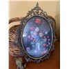 Image 6 : Wicker Sewing Basket, large Bohi Basket, Brass MCM Framed Floral Art, and Brass Cat Figurine