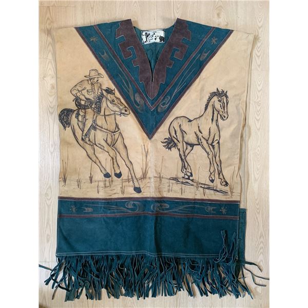 Western-Style Suede and Leather Poncho with Cowboy Design