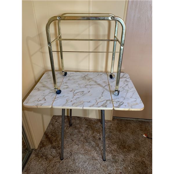 Glass-Top Brass Finish Rolling Side Table and Drop-Leaf Formica Table