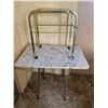 Image 1 : Glass-Top Brass Finish Rolling Side Table and Drop-Leaf Formica Table