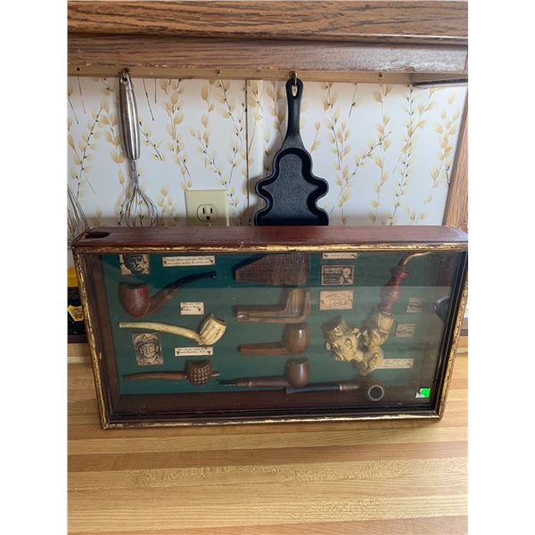 Framed Shadow Box Display of Tobacco Pipes and Smoking Accessories