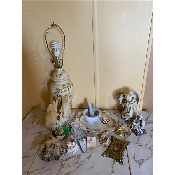 Decorative Items Including Table Lamp, Figurines, and Mortar & Pestle