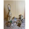 Image 1 : Decorative Items Including Table Lamp, Figurines, and Mortar & Pestle