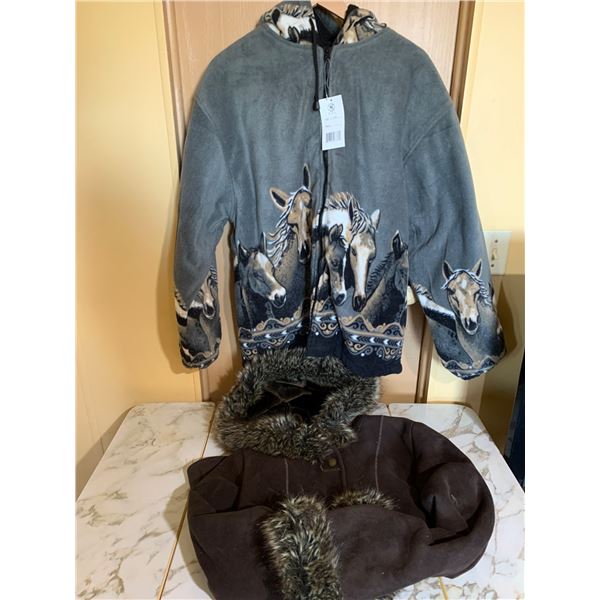 Two Jackets: Sofart Horse Motif Fleece Jessica Size 8 Brown Faux Fur Hooded Coat
