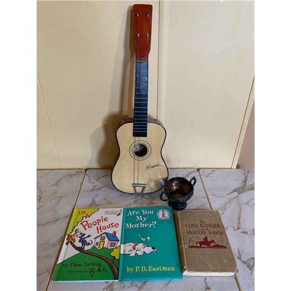 Bundle: Childrens Books, Mini Playing Ukulele, and Silver-Colored Metal Cup