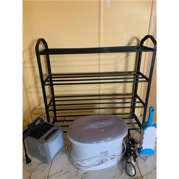 Home Utility Items: Metal Shoe Rack, Dr. Scholls Paraffin Bath, Small Heater, and Lint Roller