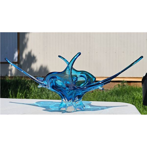 Blown Glass Art Bowl in Vibrant Blue With Sculptural Form