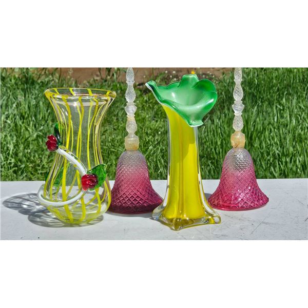 Handcrafted Colored Glass Vase and Bell Set