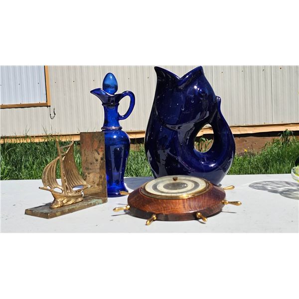 Pieces Brass Ship Bookend, Cobalt Blue Glass Gurgle Pitcher, Nautical-Inspired Barometer