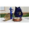 Image 1 : Pieces Brass Ship Bookend, Cobalt Blue Glass Gurgle Pitcher, Nautical-Inspired Barometer