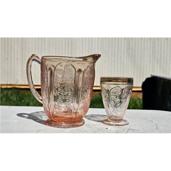 Pink Depression Glass Pitcher and Matching Tumbler Set Jeanette Cherry Blossom Pattern